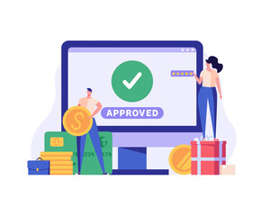 People paying successfully and safely. Online mobile payment and banking service. Concept of payment approved, payment done. Vector illustration in flat design for web banner and mobile app