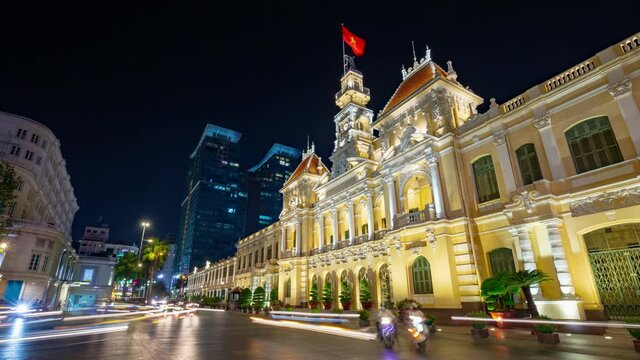 night illumination ho chi minh city famous building square panorama 4k vietnam