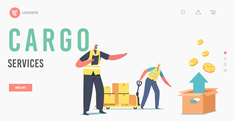 Cargo Services Landing Page Template. Worker Character Drive Hand Truck with Boxes and Arrow Up. Air Transportation