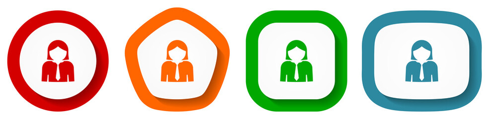 Woman, businesswoman, female, person, human vector icon set, flat design buttons on white background