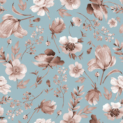 pattern with spring watercolor flowers, hand painted monochrome color