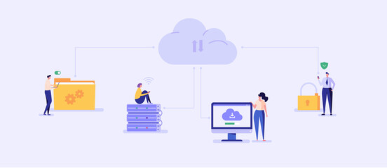 Cloud technology. People storing data on cloud server. Concept of cloud computing, online database, web hosting, web data center.  Vector illustration for web banner, infographics, mobile app