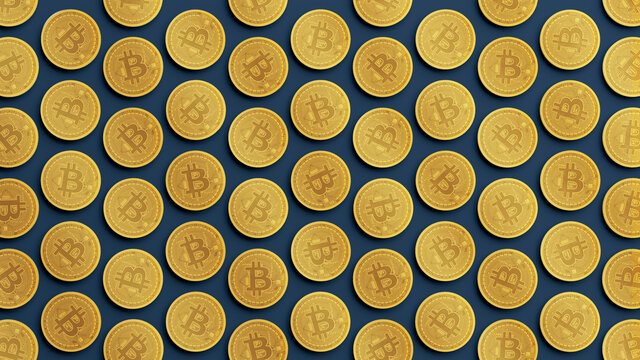Bitcoins pattern background with cryptocurrencies. 3D rendering of Cryptocurrency coins, 2p2 exchange, blockchain technology