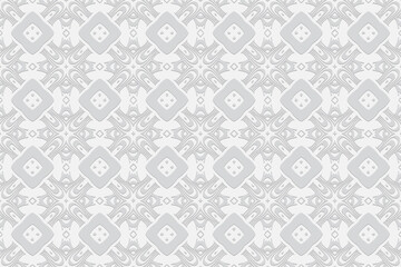 Geometric convex volumetric 3D pattern with artistic relief ornament from ethnic unique elements and polygons in the style of the peoples of Asia and the East. White background for design.