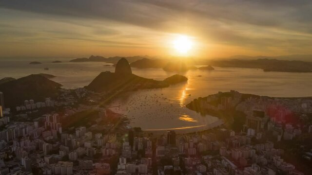 sunset sky flight over rio de janeiro city bay aerial panorama 4k timelapse brasil
