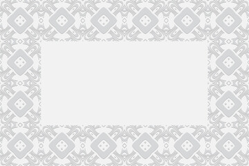 White background for design and decor. Frame for text. Geometric convex volumetric 3D pattern with artistic relief ornament from ethnic unique elements and polygons .