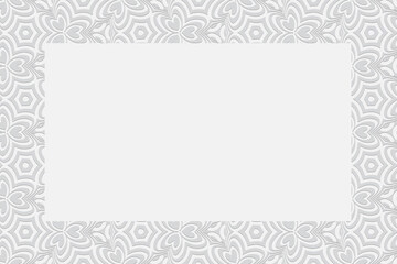 White background for design and decor. Frame for text. Geometric convex volumetric 3D pattern with a relief ornament from ethnic unique elements in the style of doodling.