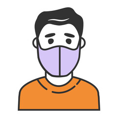 Man in face mask to prevent disease COVID-19.People wearing protective surgical mask.Outline vector flat .Guy in medical mask icon medicine concept.