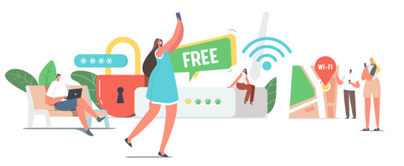Tiny Male and Female Characters at Huge Router use Internet on Laptop and Smartphone via Wifi Wireless Connection