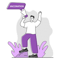 Vaccination concept. Campaigning for vaccination coronavirus protection.Guy holds loudspeaker.Man standing isolated in white background. Immunization campaign concept. Time to vaccinate.