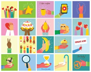 Hand-drawn illustrations of hands hold different things, such as smartphone, pizza, ice cream, donut and othersin