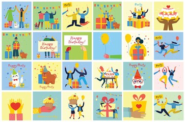 Happy birthday party backgrounds. Happy group of people celebrate on a bright background. Vector illustration