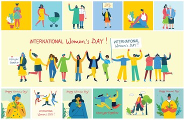 International women's day.Diverse international and interracial group of standing women. For girls power concept, feminine and feminism ideas. Vector illustration.