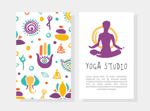 Yoga Studio Business Card Template with Front and Back Side, Traditional Medicine, Meditation Class, Spiritual Practice Hand Drawn Vector Illustration