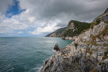 Cliff sea coast near Grotta di Lord Byron in Portovenere or Porto Venere town on Ligurian coast. Province of La Spezia. Italy
