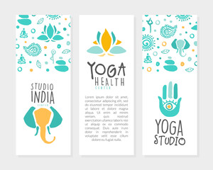 Yoga Health Center Card Templates Set with Space for Text, Meditation Class, Spiritual Practice can be Used for Banner, Flyer, Brochure Hand Drawn Vector Illustration