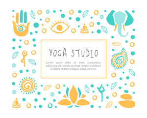 Yoga Studio Banner Template with Space for Text, Ayurveda, Traditional Medicine, Meditation Class and Spiritual Practice Card, Poster Hand Drawn Vector Illustration