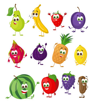 Set of Funny Fruits with eyes. Cartoon funny fruits character