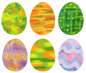 Set of 6 color Easter Eggs with pattern. Computer graphics objects for your design for Stickers, holiday cards, decor, posters, invitations,. Easter collection with different texture.