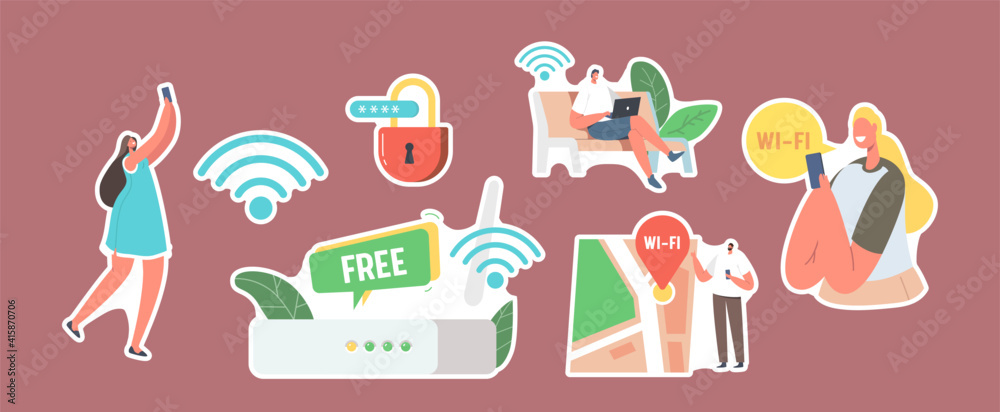 Poster set of stickers characters use internet on laptop and smartphone via wifi wireless router connection