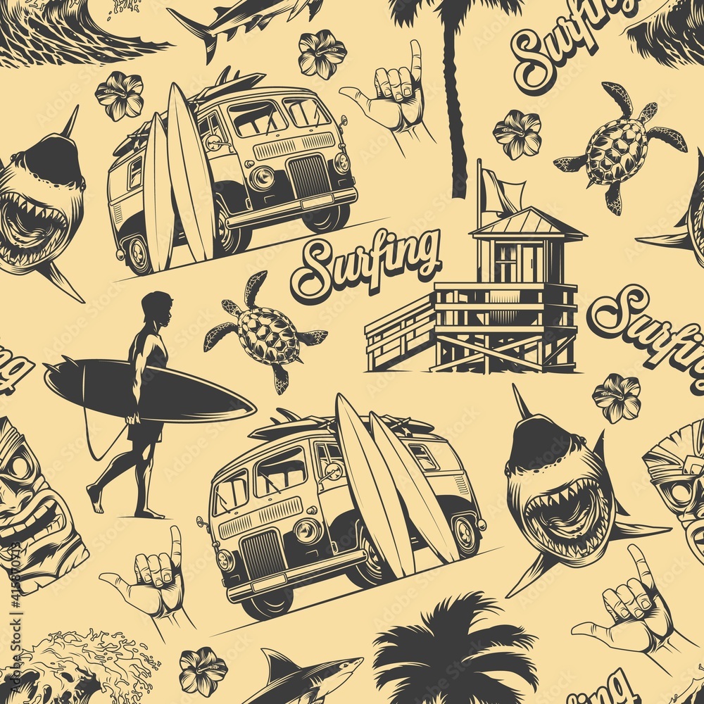 Poster Vintage monochrome surfing seamless pattern