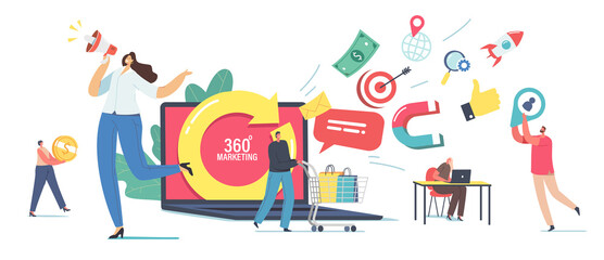 360 Degree Marketing Concept. Tiny Male and Female Characters at Huge Laptop with Turning Arrow. Manager Attract Clients
