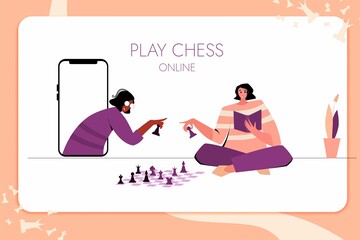 Chess game. Trendy flat illustration. People play chess. Chess pieces.