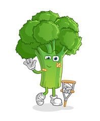 broccoli sick with limping stick character. cartoon mascot vector