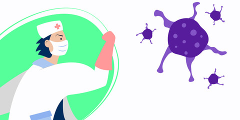 Vector illustration fight covid-19 corona virus. Doctor fight virus concept. Doctor or medical health care professionals fighting with coronavirus pandemic. Vector illustration flat style. 2021 banner