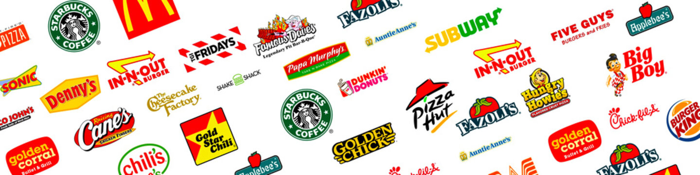 USA - February 22, 2021: Logotype collection of most famous Fast-Food, Restaurants and Coffee