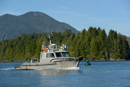 Aluminum motor boat Go Getter in Tofino Harbour.