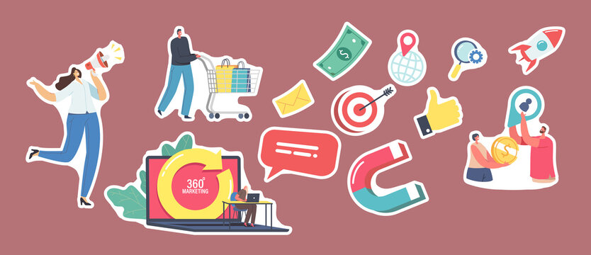 Set of Stickers 360 Degree Marketing Theme. Promoter Character with Megaphone, Customer with Shopping Trolley, Laptop