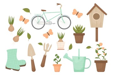 Hygge spring time gardening in Scandinavian style with tools, boots, birdhouse, bike and flowerpot isolated on white background. Textured objects in pastel trendy colours. Farming, cozy agricultural.