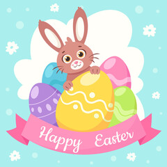 Happy Easter greeting card. Bunny with Easter eggs. Vector illustration