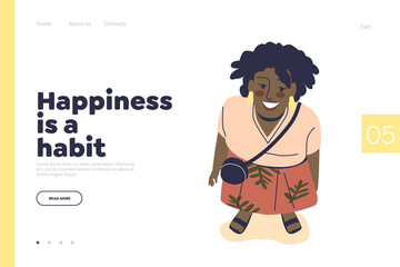 Happiness is habit concept of landing page with young beautiful african american woman looking up