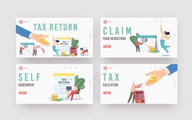 Tax Return Landing Page Template Set. Characters Get Money Refund for Purchasing, Mortgage or Health Care Service