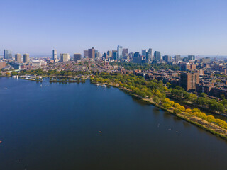 Boston financial district modern city skyline aerial view with Charles River, Boston Common and Beacon Hill historic district in downtown Boston, Massachusetts MA, USA. 