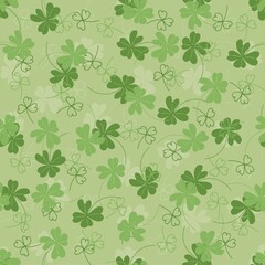 Saint Patricks day background with shamrock. Floral seamless pattern. Vector illustration in green color. Clover Ireland symbol pattern. For wallpaper, banner, invitation, wrapping, textiles.