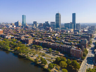 Boston Back Bay modern city skyline including John Hancock Tower, Prudential Tower, and Four Season Hotel at One Dalton Street in Boston, Massachusetts MA, USA.  