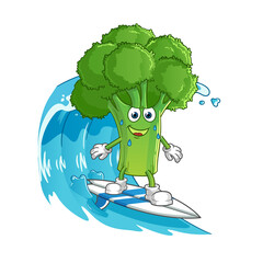 broccoli surfing on the wave character. cartoon mascot vector