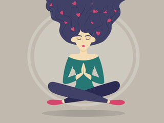 Young blue-haired girl soars in the air in lotus position.