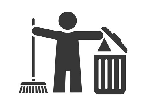Trash clean up concept - cleaner with dustbin and broom - vector illustration icon on white background