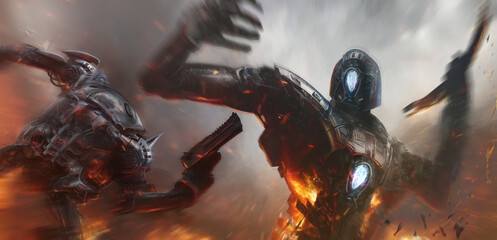 Cinematic illustration of two robots fighting in a bitter conflict. © David Edwards
