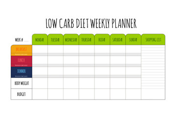 Colored cute diet weekly planner isolated on white background. Food menu plan for diet. Daily schedule template for cooking meals. Week plan low carb menu notes.