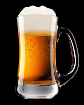 Frosty glass of fresh light beer with bubble froth isolated on black background.