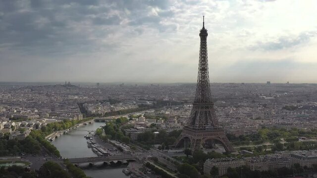 sunny clouds day paris city center famous tower square riverside bay aerial panorama 4k france