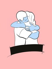 Couple hug. People embracing in continuous line art drawing style. One person giving the shoulder to another.  illustration line style.