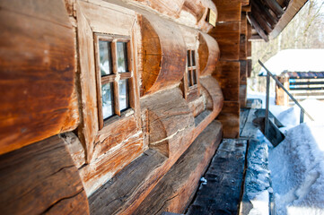 Fototapeta na wymiar Old wooden background. Wooden log house texture