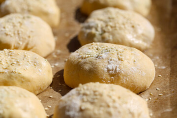 pães de massa de fermento polvilhado com gergelim recheado com ervas e queijo.