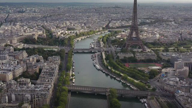 sunny clouds day paris city center famous tower square riverside bay aerial topdown panorama 4k france